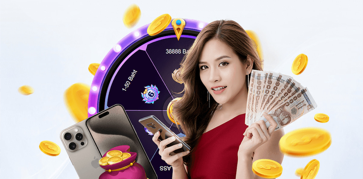 แบนเนอร์โปรโมชันวงล้อนำโชค M98 ผู้หญิงถือเงินสด ไอโฟน และเหรียญทอง
